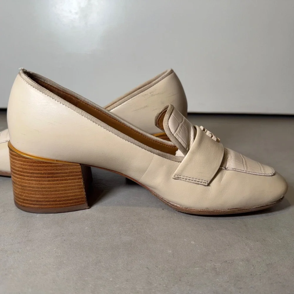 Tory Burch Everly Loafers 8M Cream Leather Block Heel Croc Double T Professional
